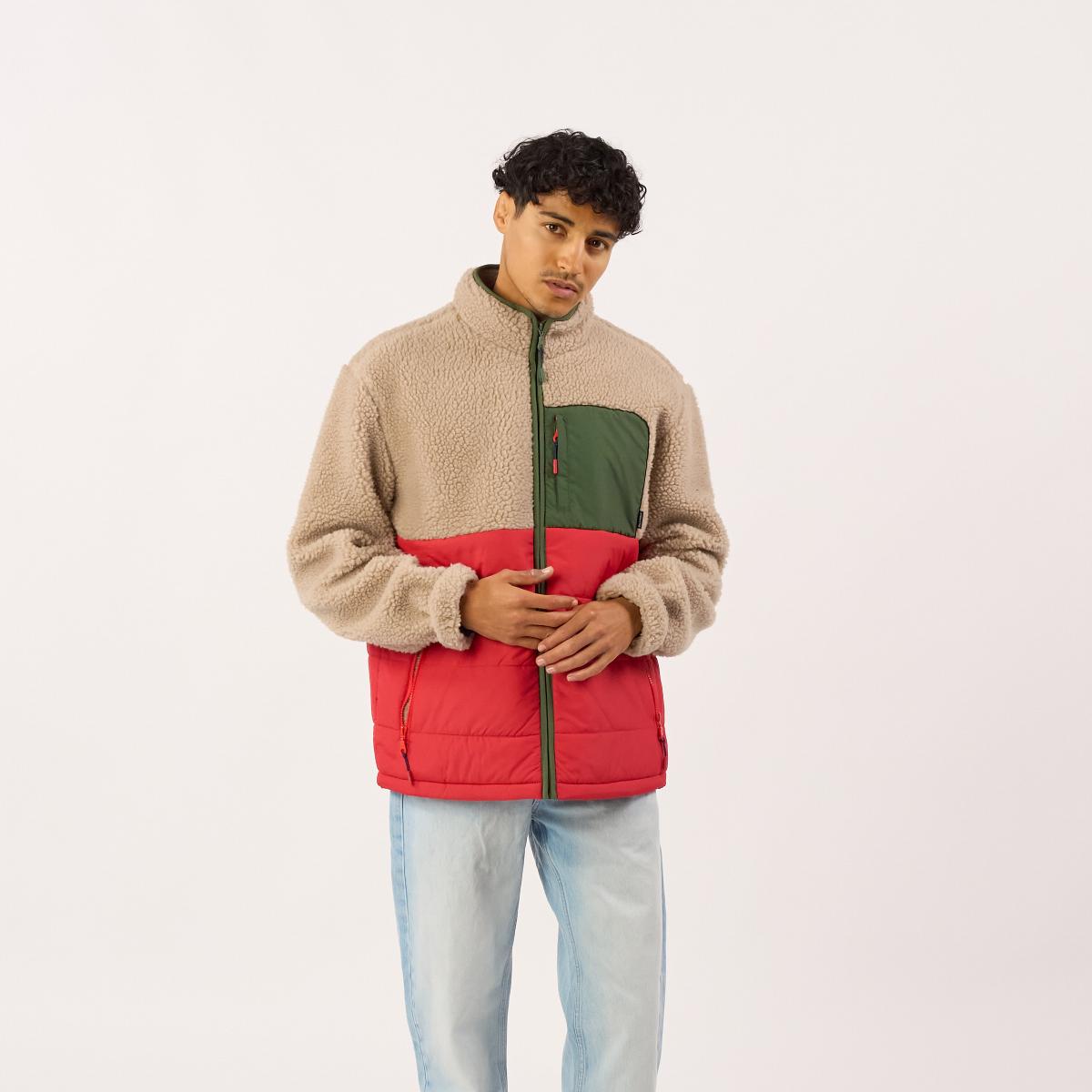 Veste bi-matières manches longues - Naturel et rouge - Marron