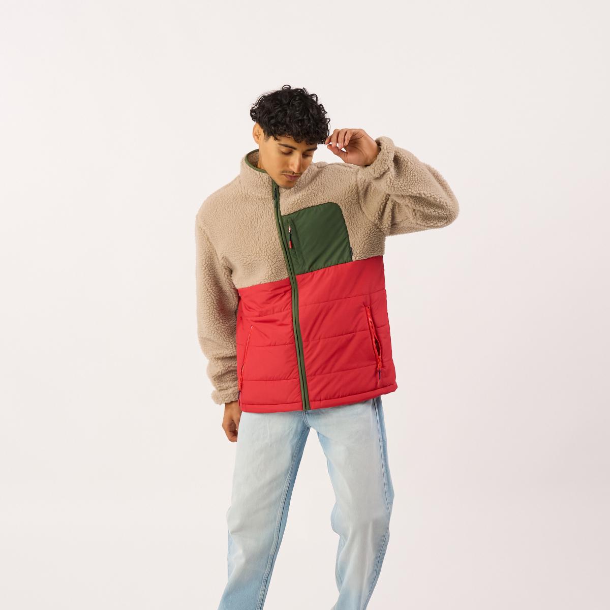 Veste bi-matières manches longues - Naturel et rouge - Marron