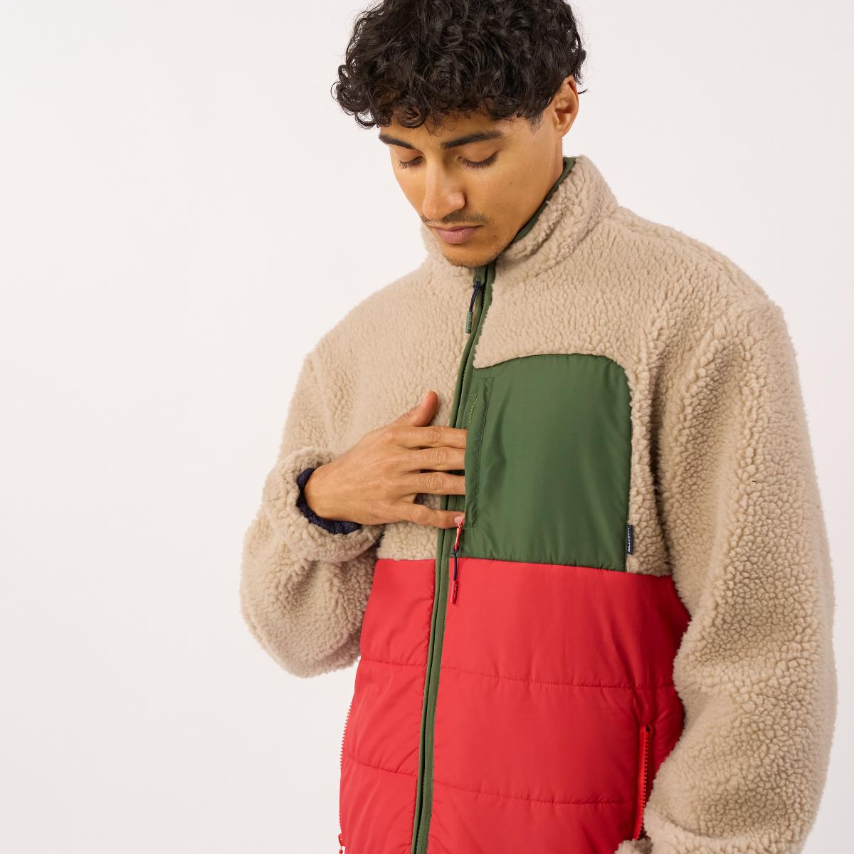 Veste bi-matières manches longues - Naturel et rouge - Marron