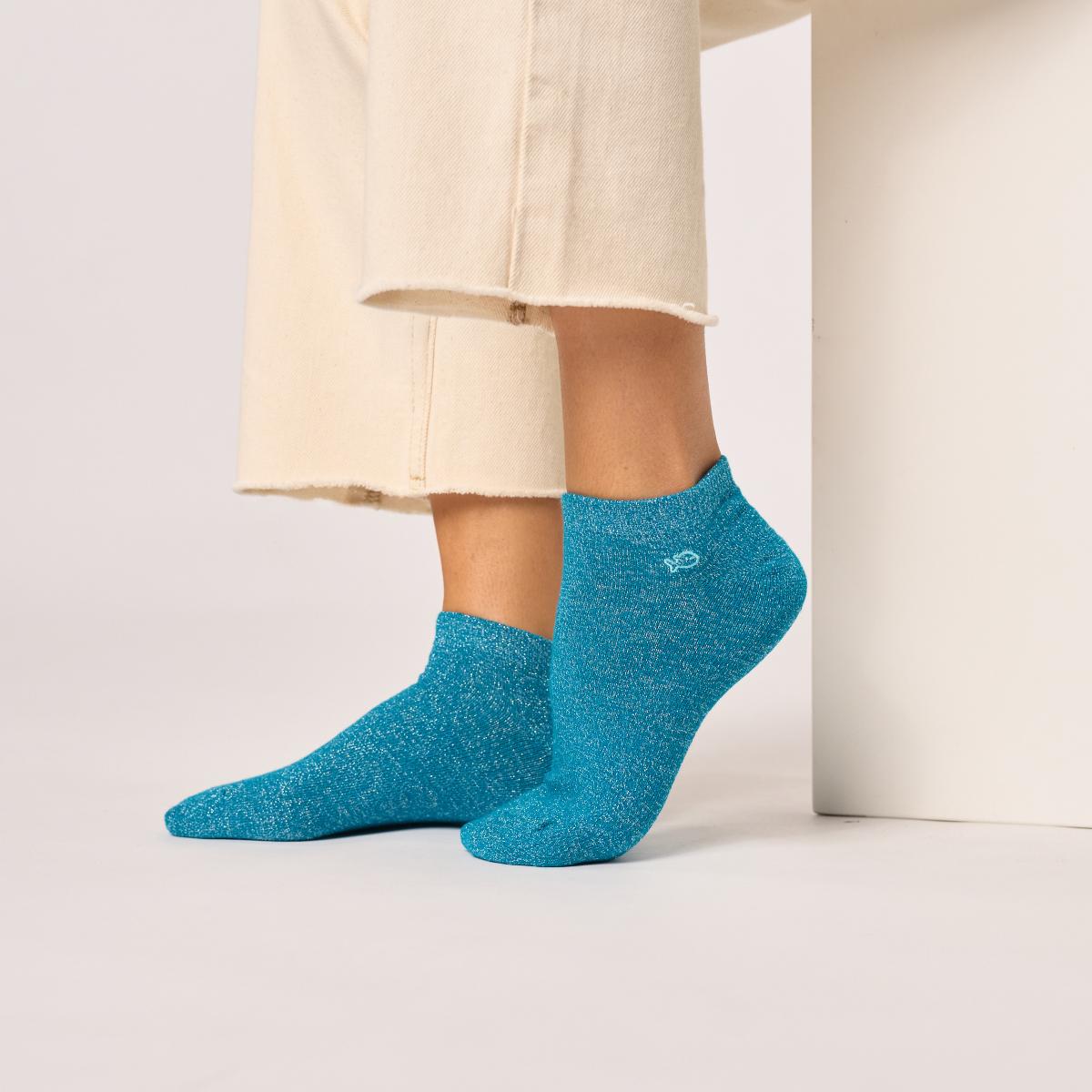 Socquettes unies en coton peigné - Pailletées, bleu canard