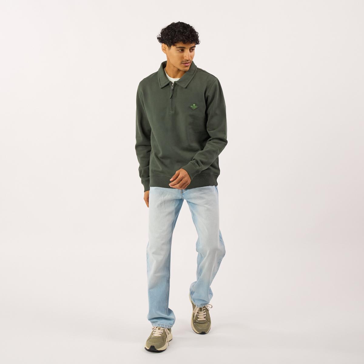 Sweat en coton bio en col zippé - Kaki - Vert