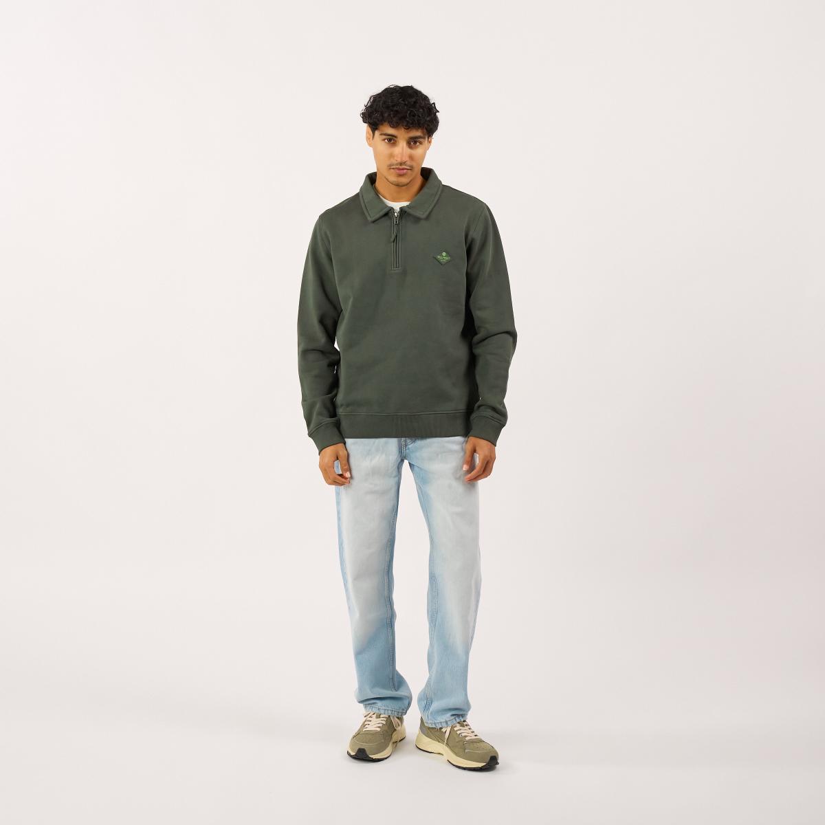 Sweat en coton bio en col zippé - Kaki - Vert