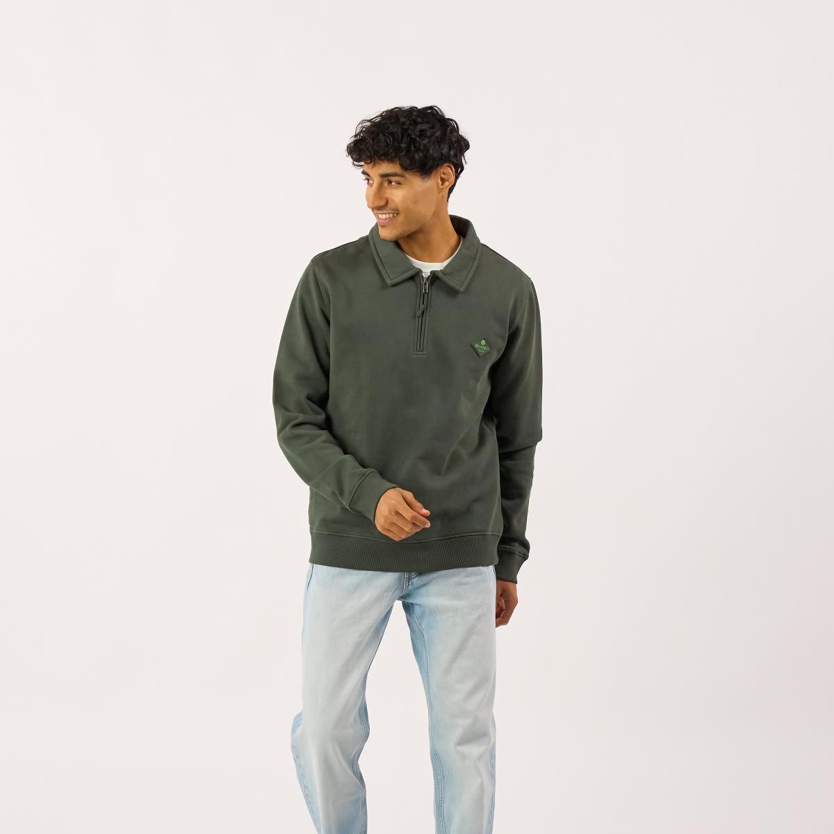 Sweat en coton bio en col zippé - Kaki - Vert