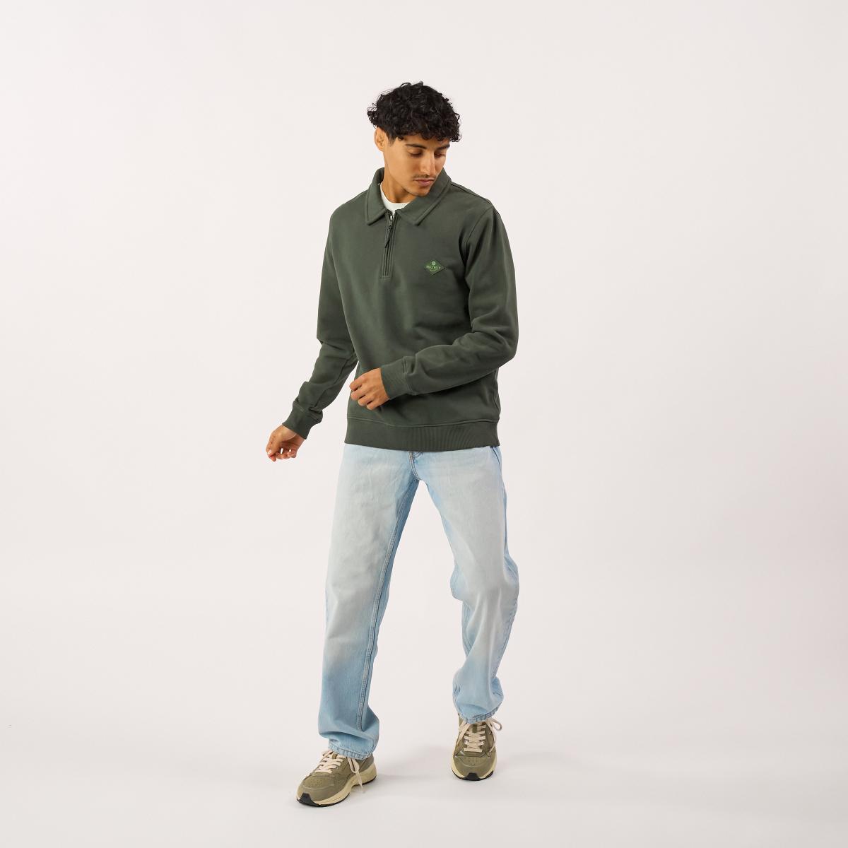 Sweat en coton bio en col zippé - Kaki - Vert