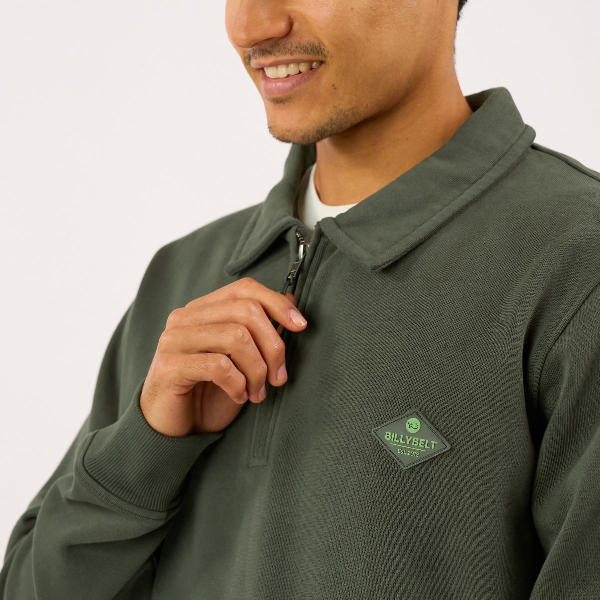 Sweat en coton bio en col zippé - Kaki - Vert