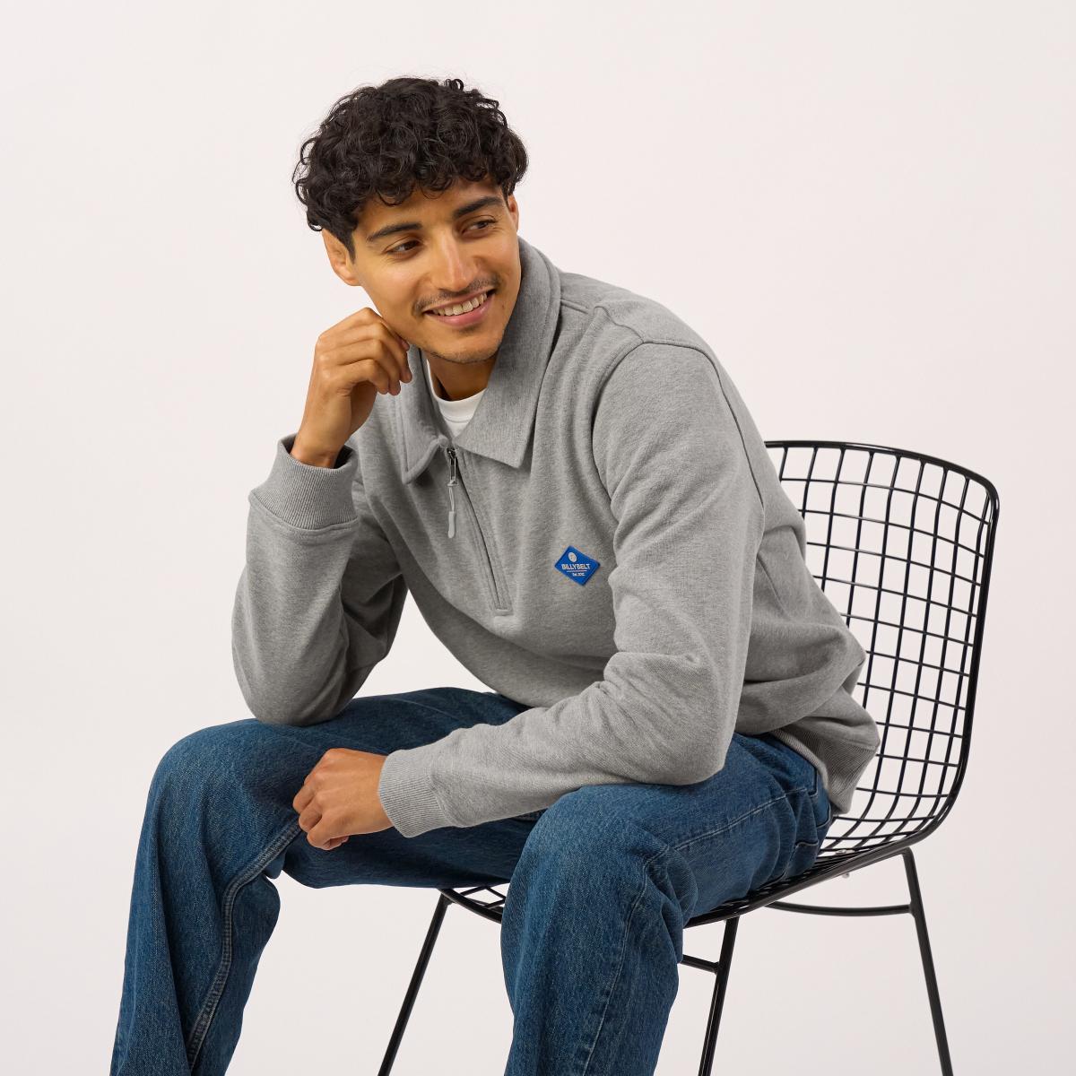 Sweat en coton bio en col zippé - Gris chiné