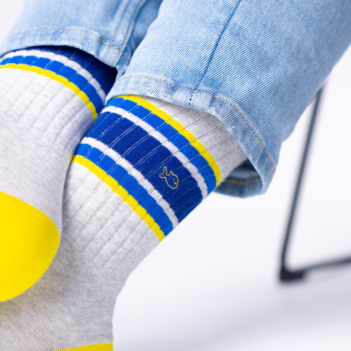 Chaussettes en coton peigné rétro - Gris, rayé bleu et jaune