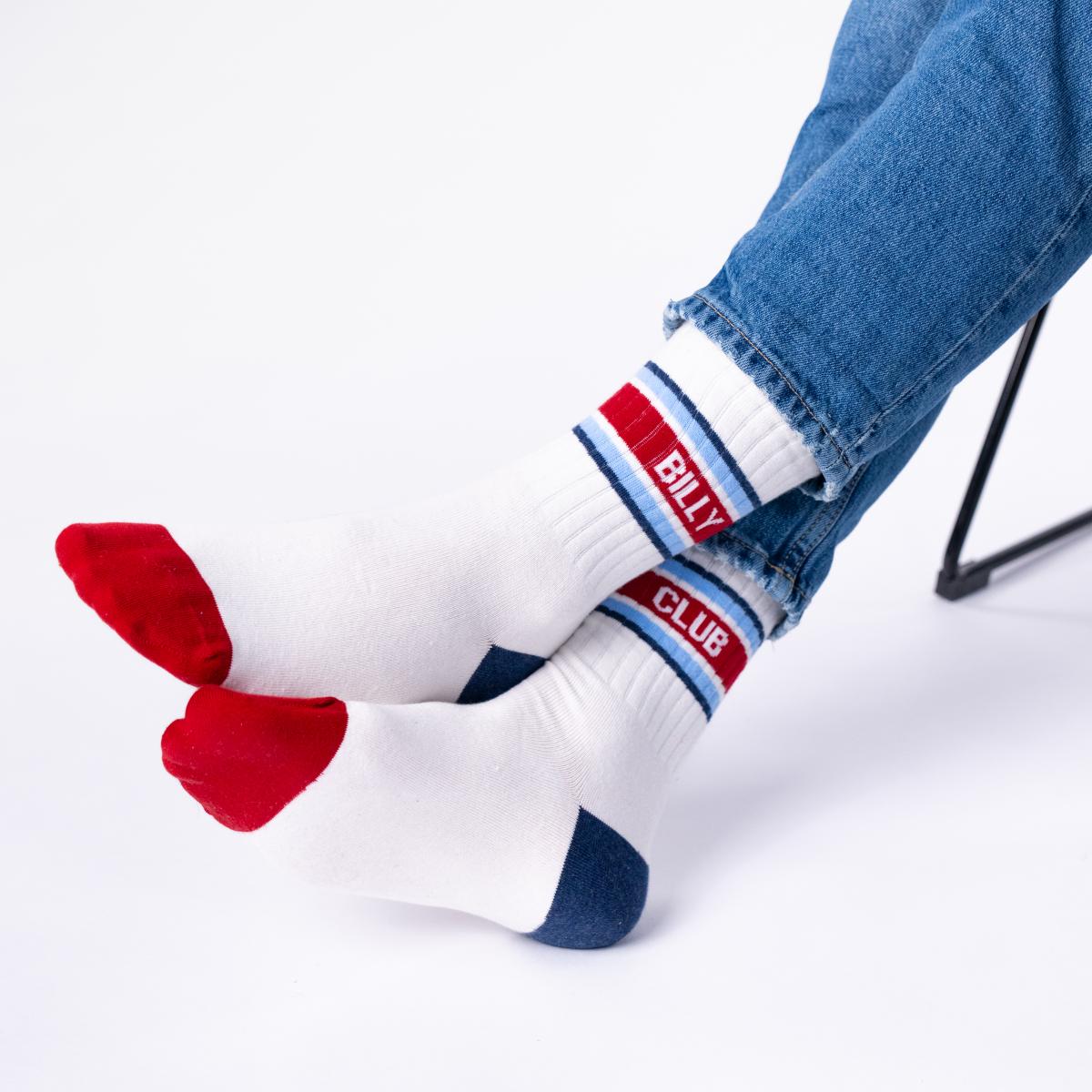 Chaussettes en coton peigné rétro - Blanc, rayé rouge et bleu