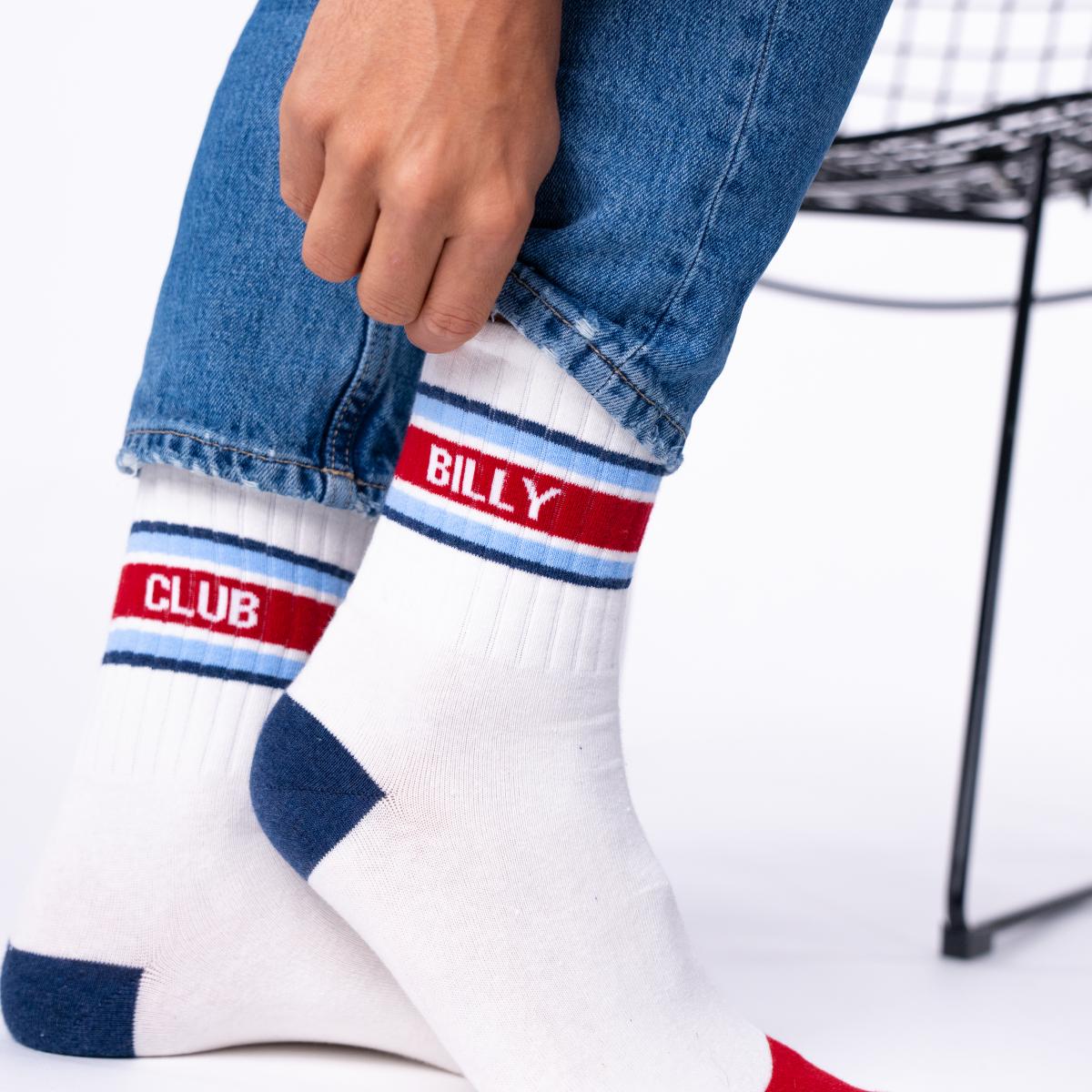 Chaussettes en coton peigné rétro - Blanc, rayé rouge et bleu