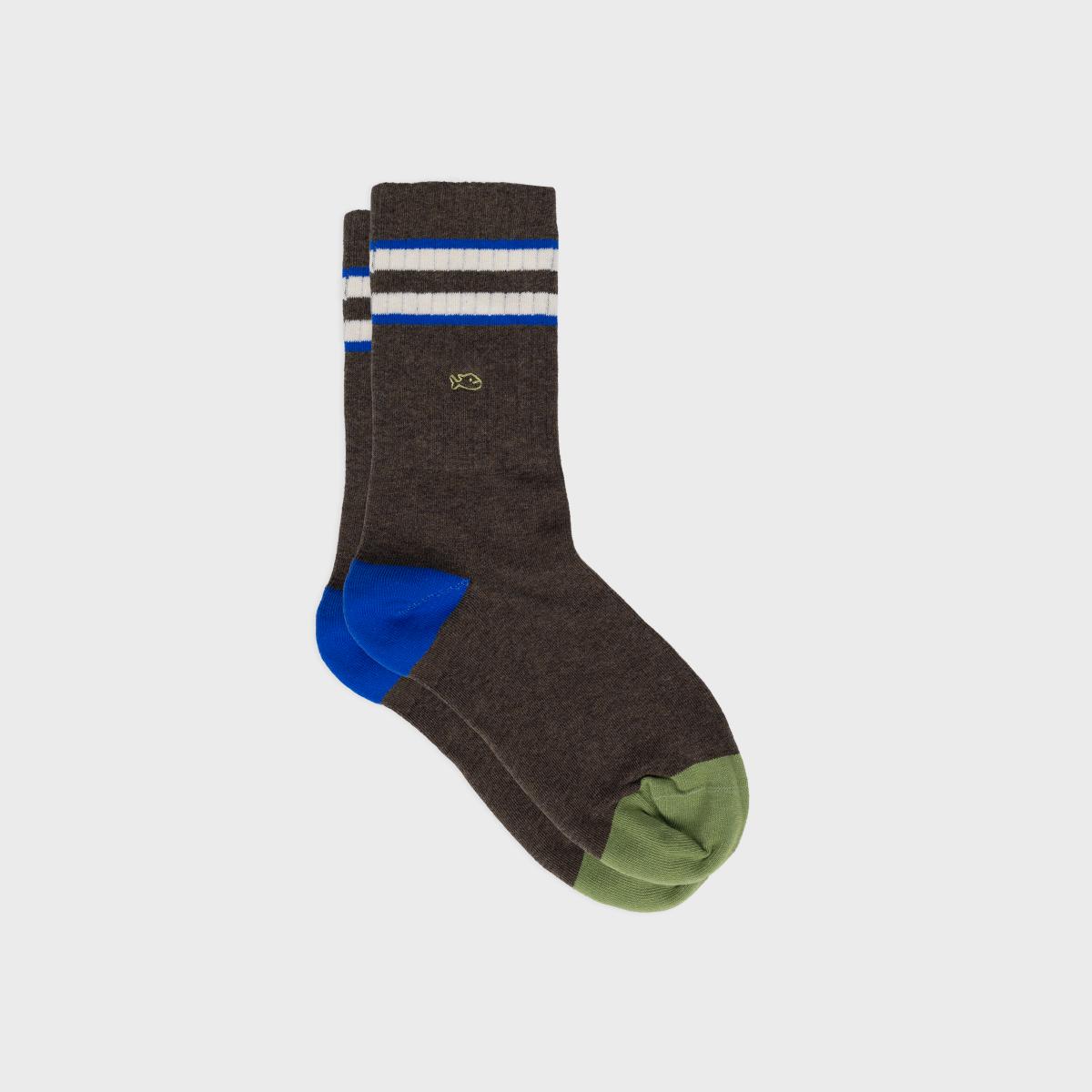 Chaussettes en coton peigné rétro - Marron, rayé ivoire et bleu