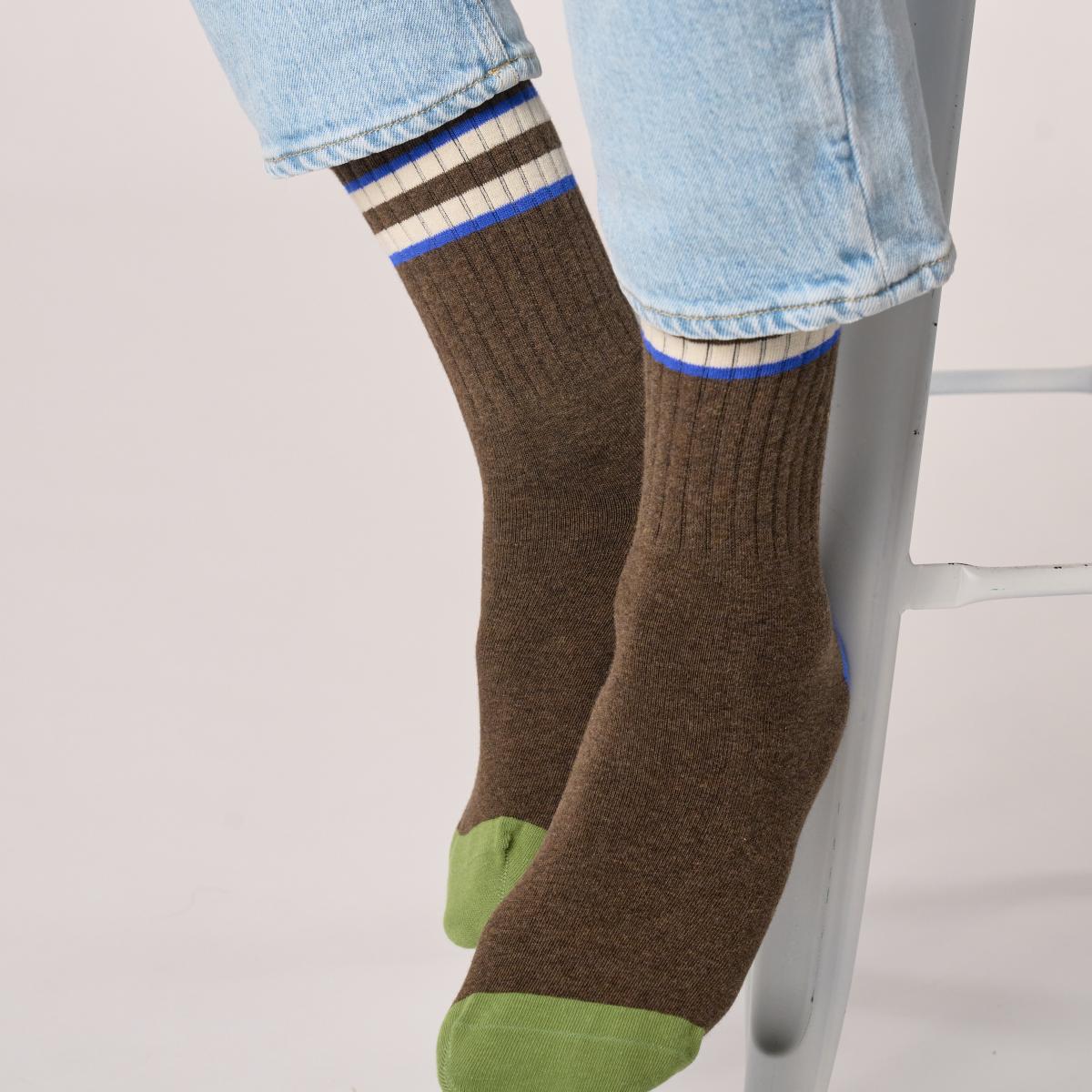 Chaussettes en coton peigné rétro - Marron, rayé ivoire et bleu