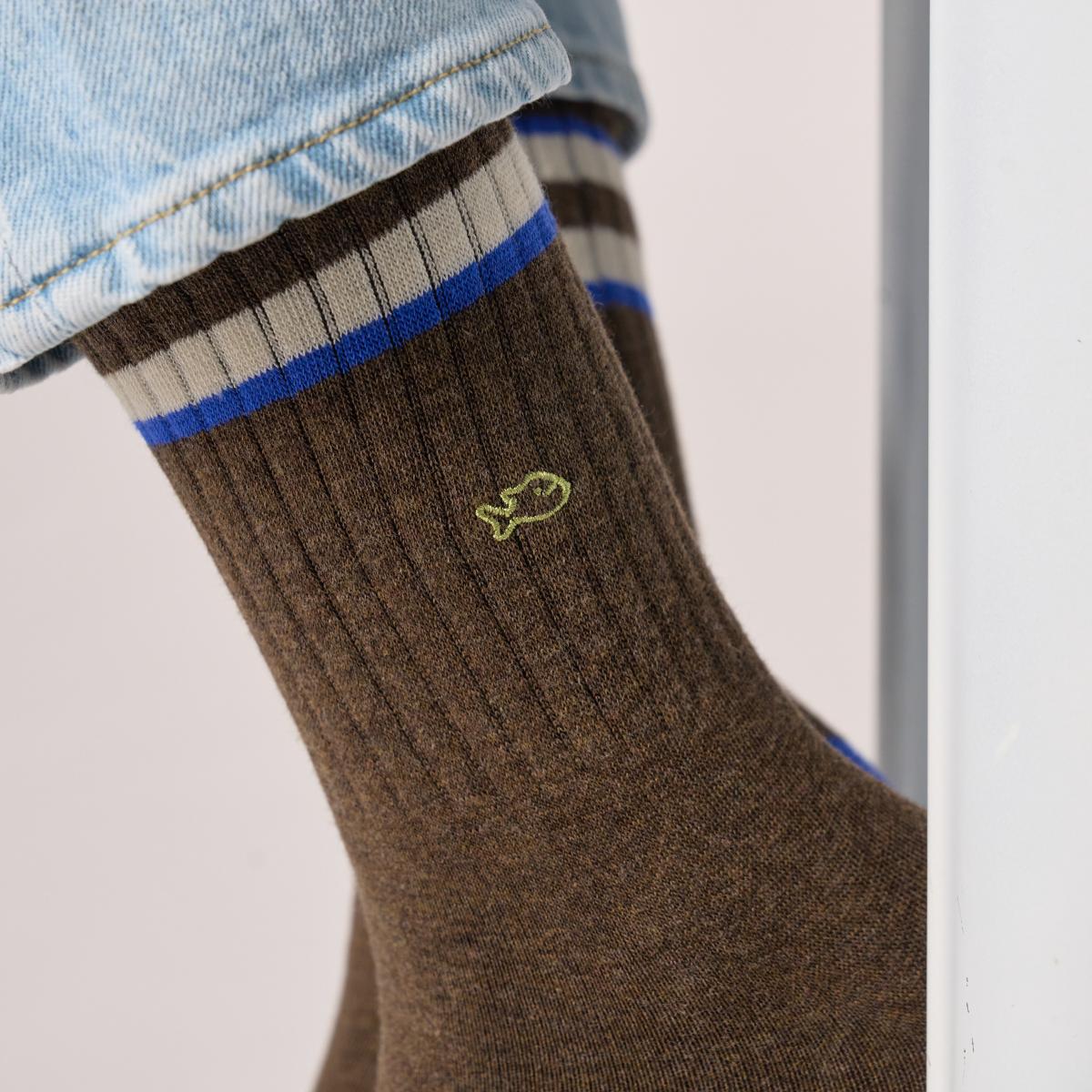 Chaussettes en coton peigné rétro - Marron, rayé ivoire et bleu