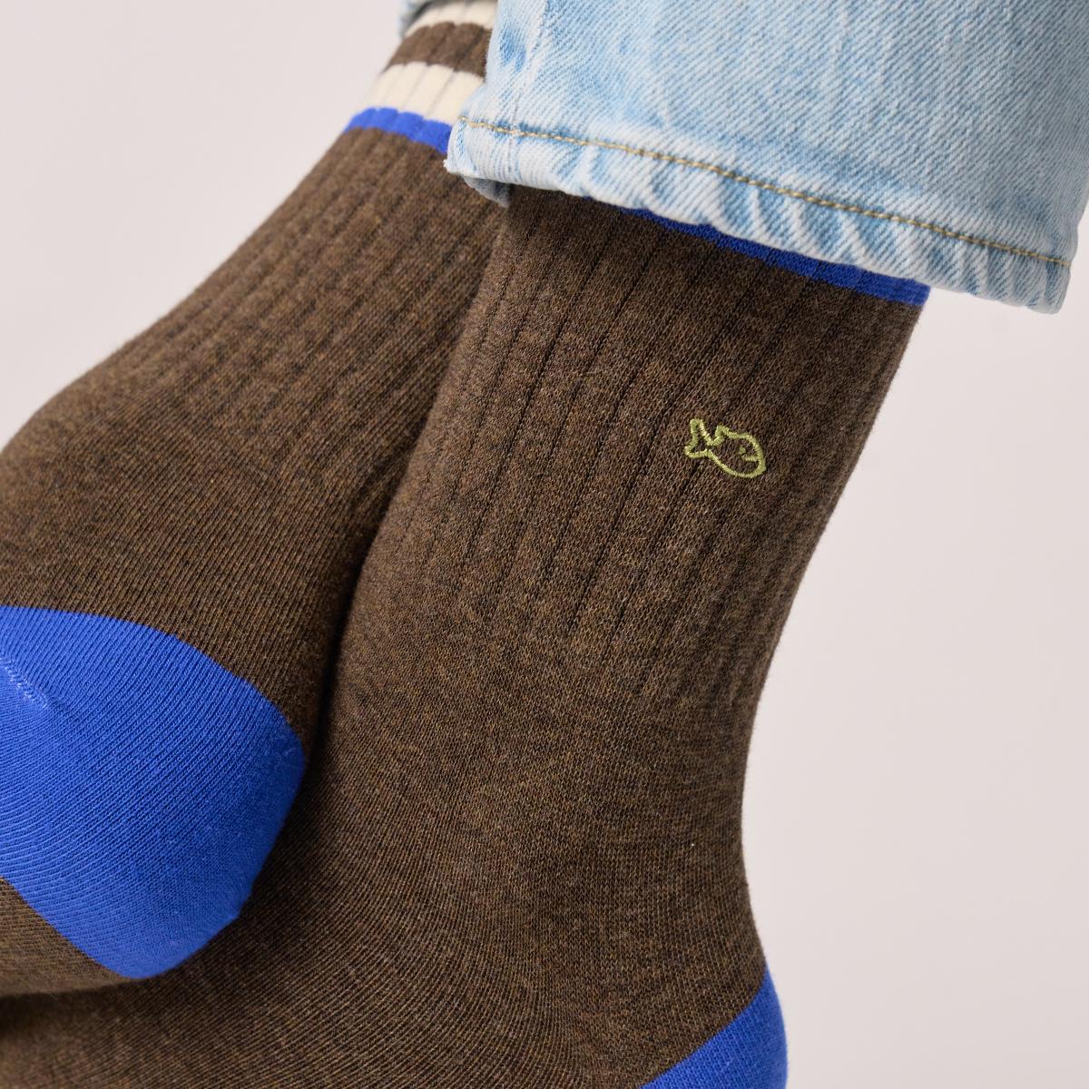 Chaussettes en coton peigné rétro - Marron, rayé ivoire et bleu