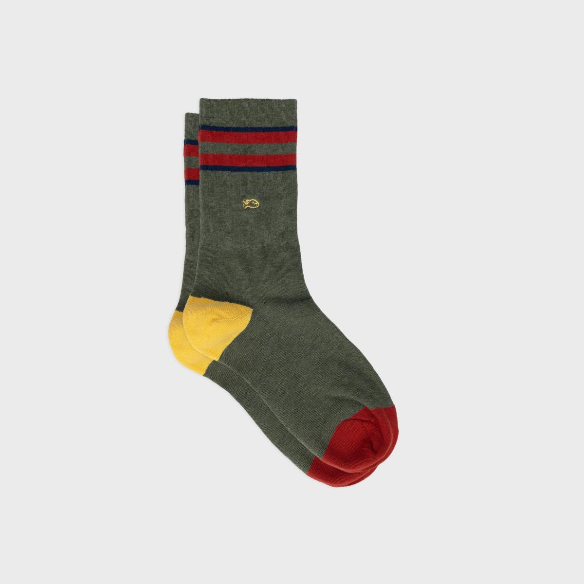 Chaussettes en coton peigné rétro - Kaki, rayé rouge et marine - Vert
