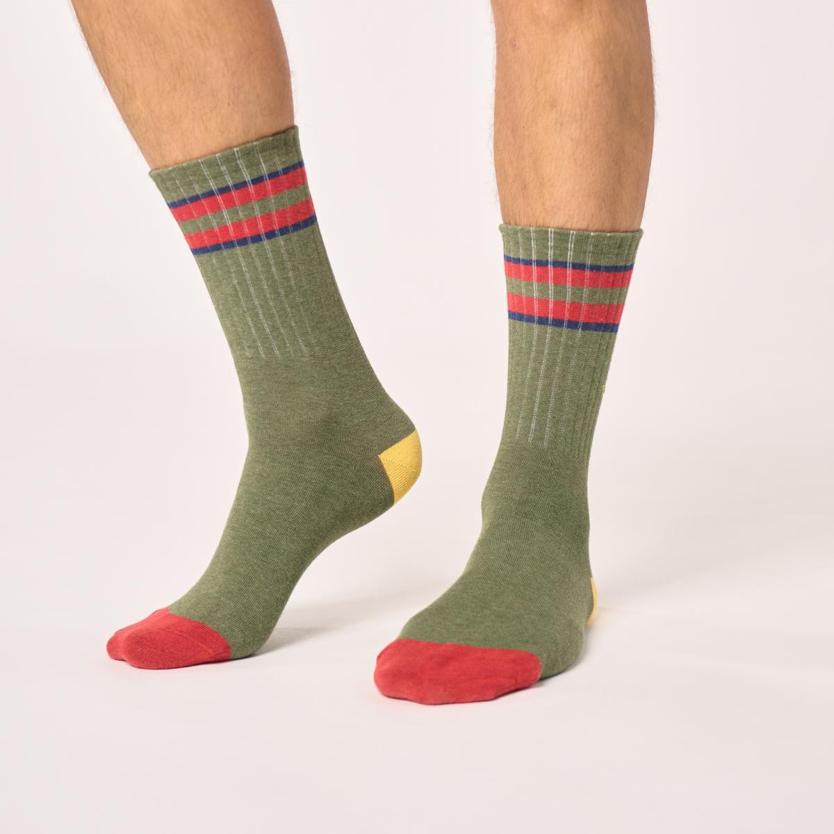 Chaussettes en coton peigné rétro - Kaki, rayé rouge et marine - Vert