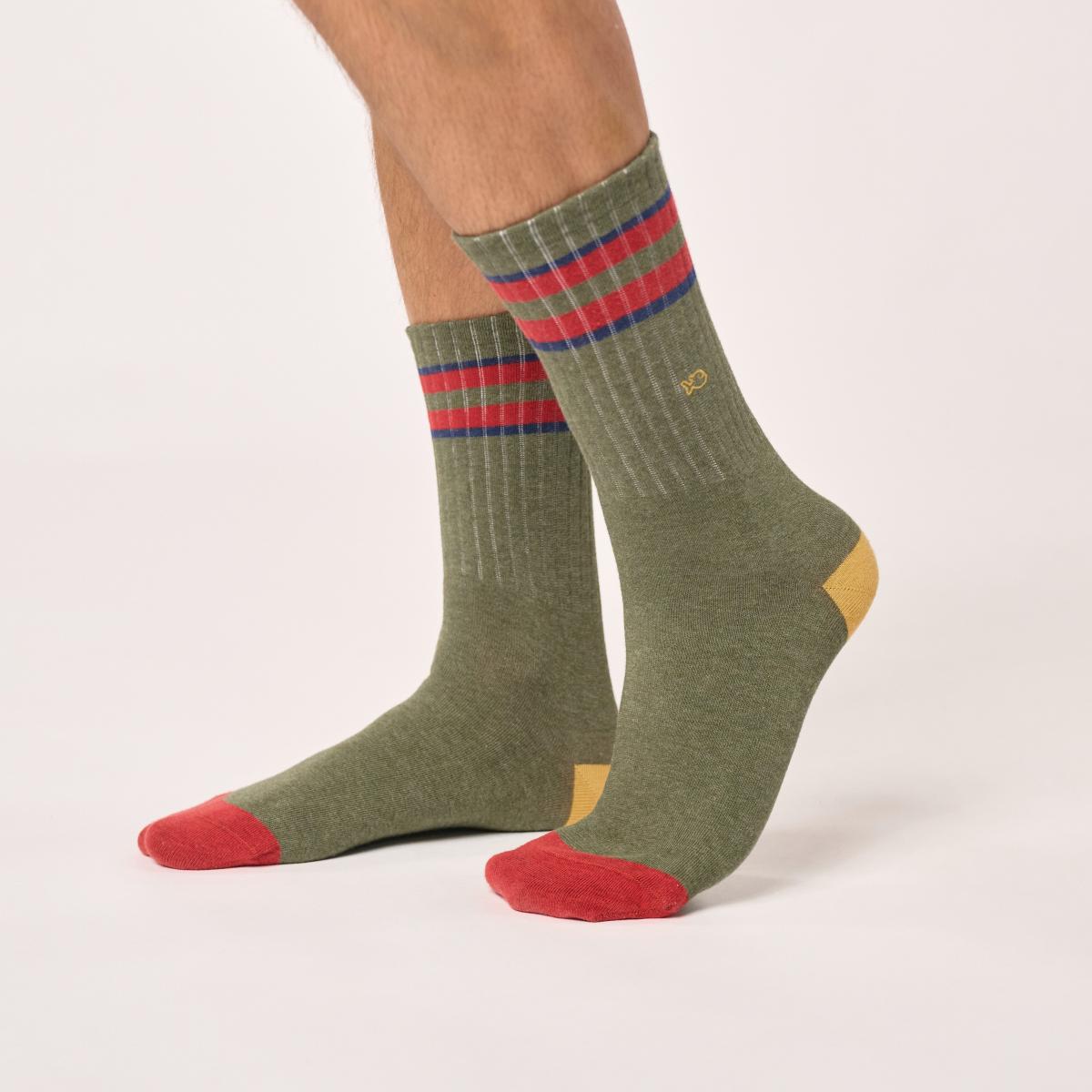 Chaussettes en coton peigné rétro - Kaki, rayé rouge et marine - Vert