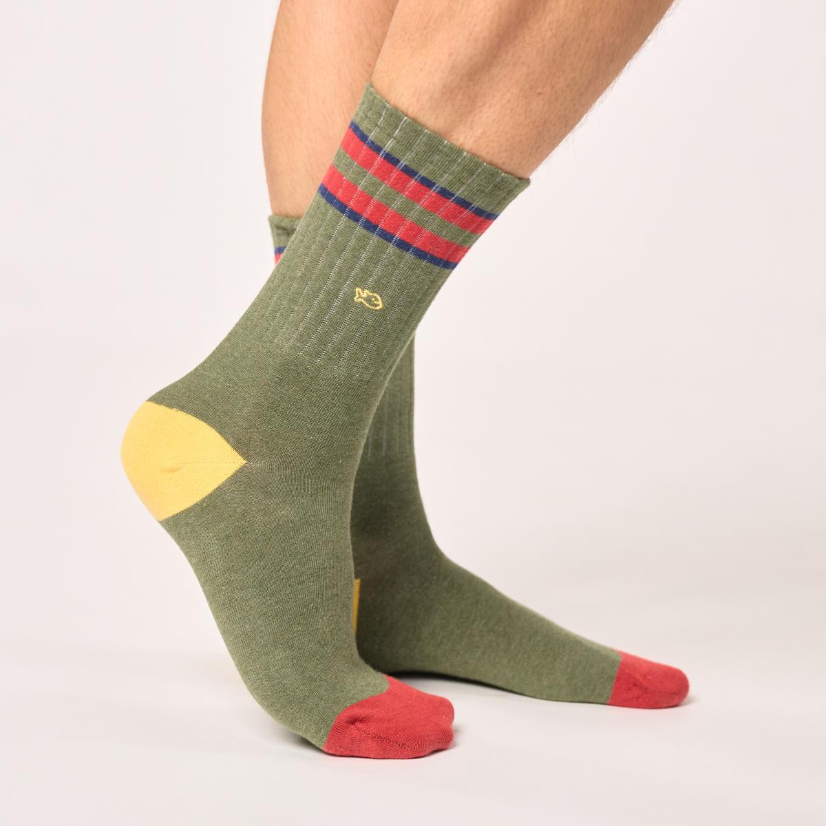 Chaussettes en coton peigné rétro - Kaki, rayé rouge et marine - Vert