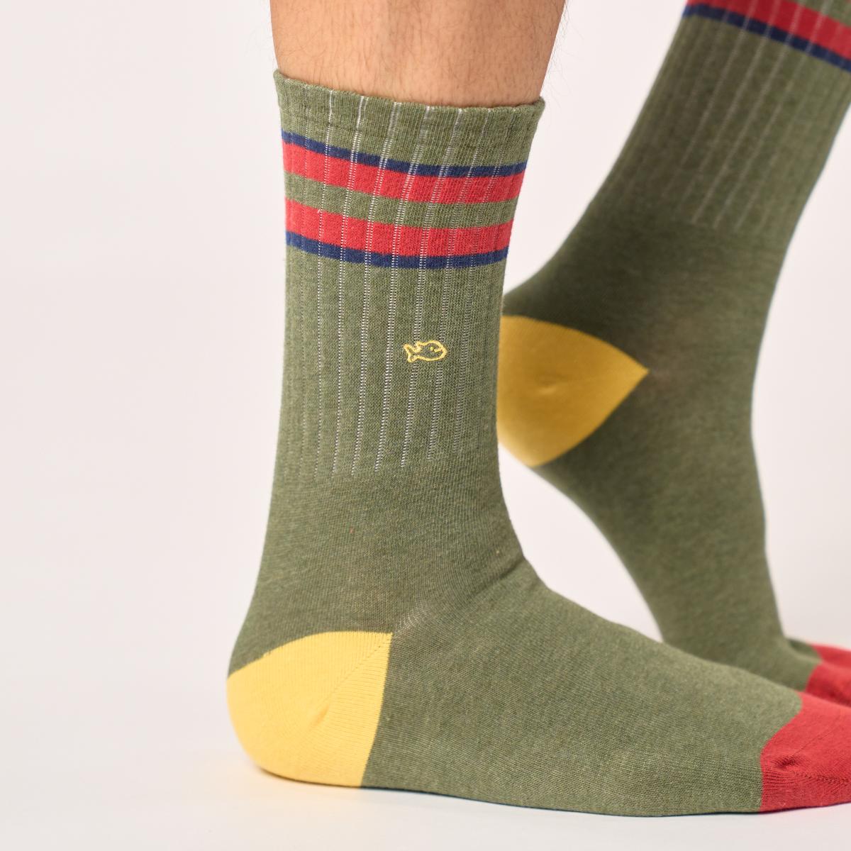 Chaussettes en coton peigné rétro - Kaki, rayé rouge et marine - Vert