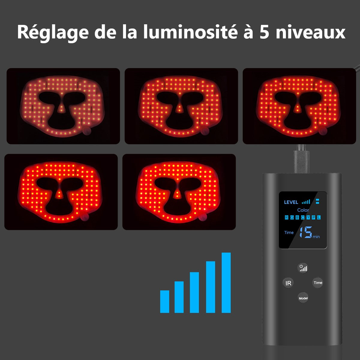 Masque Led Visage Luminotherapie 7 Couleurs - Noir
