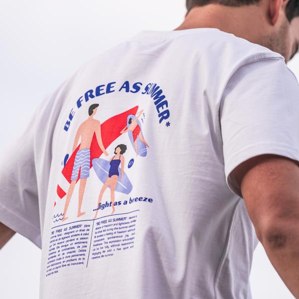 T-shirt en 100% coton bio vintage - Blanc, imprimé surfer