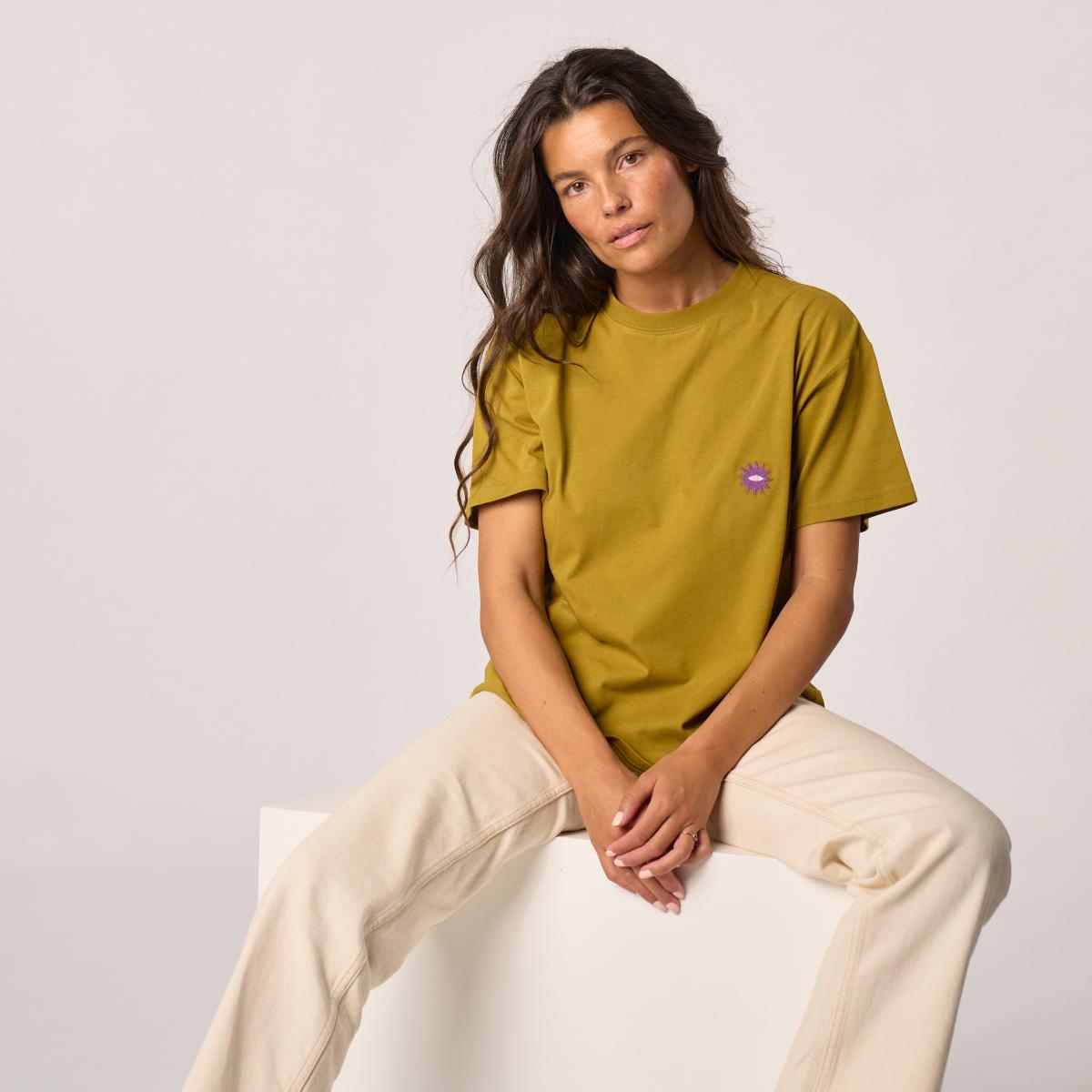 T-shirt femme en 100% coton bio - Vert olive, broderie soleil