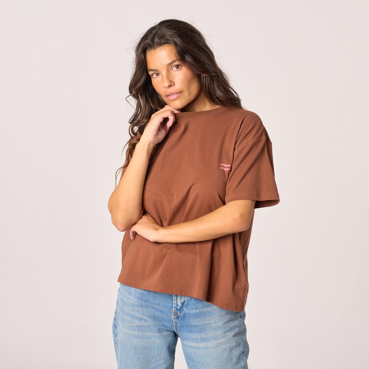 T-shirt femme en 100% coton bio - Marron, imprimé soleil