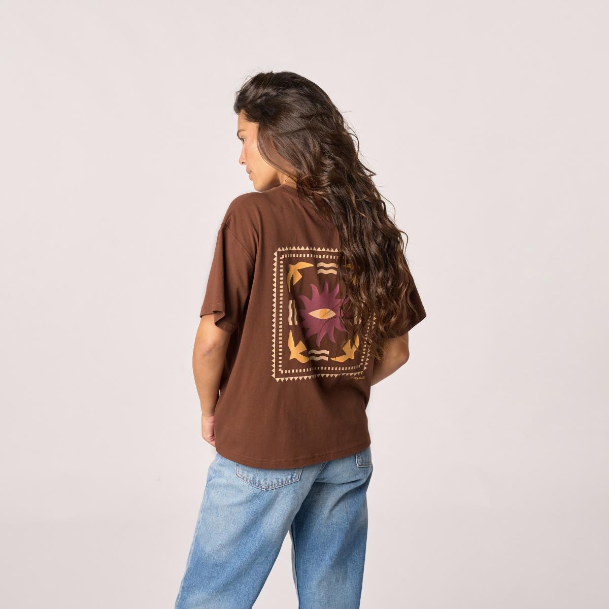 T-shirt femme en 100% coton bio - Marron, imprimé soleil