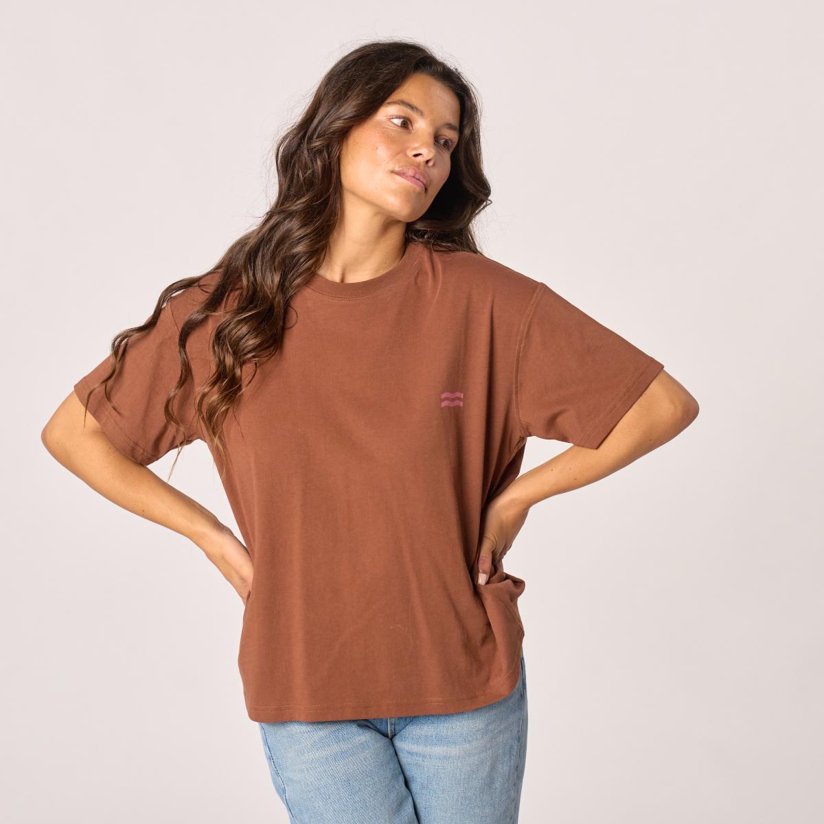 T-shirt femme en 100% coton bio - Marron, imprimé soleil
