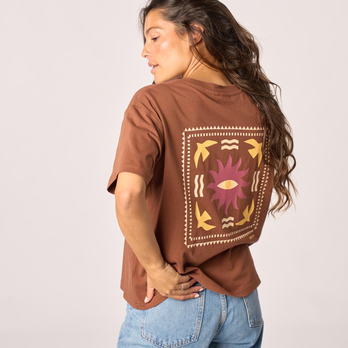 T-shirt femme en 100% coton bio - Marron, imprimé soleil