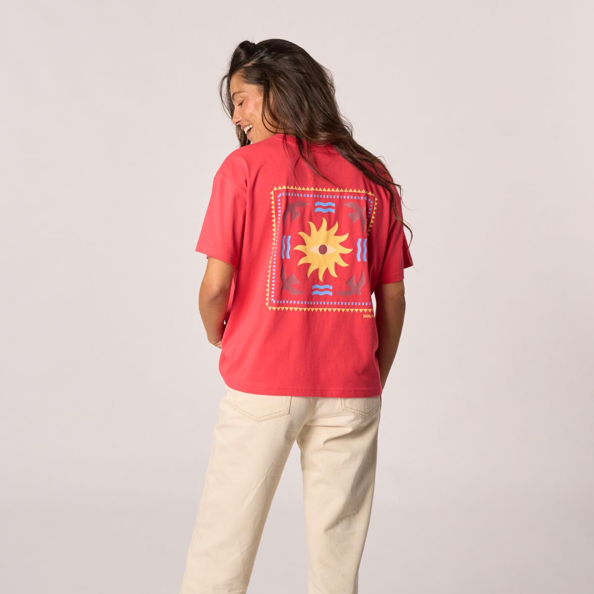 T-shirt femme en 100% coton bio - Rouge, imprimé soleil