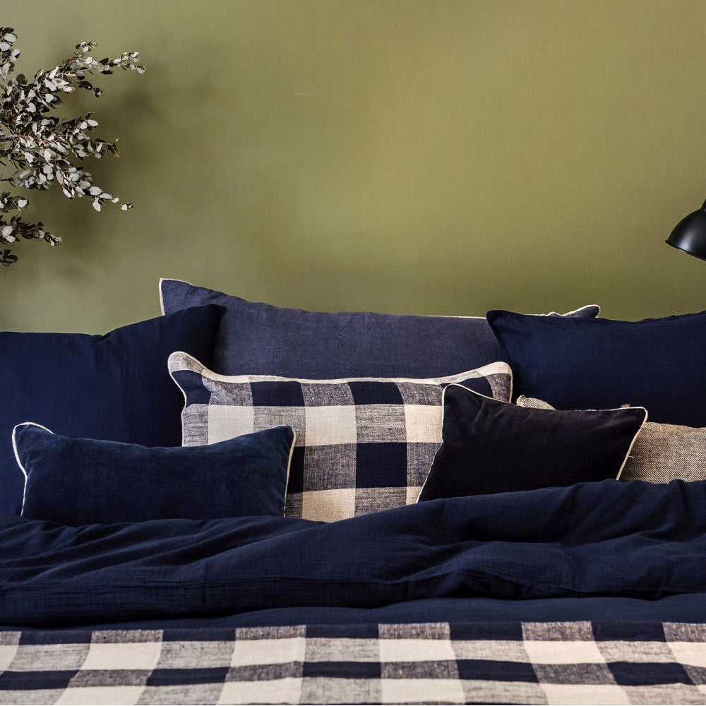 Housse De Coussin - Palma 100% Lin À Gros Carreaux - Encre