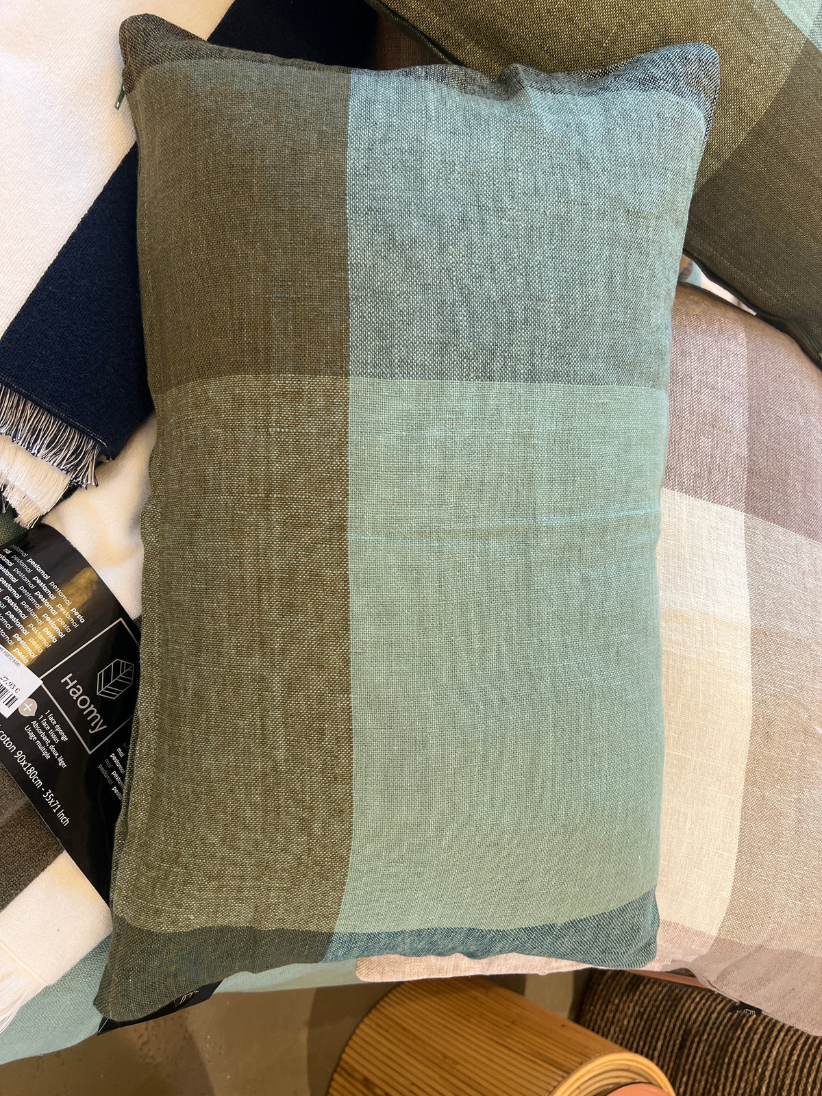 Housse De Coussin - Saporo En Lin Lavé À Grands Carreaux - Celadon