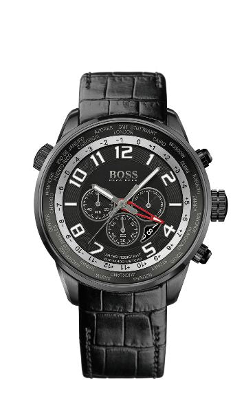 Boss - Hb 2031 Chrono - Homme - Chrono - Worldtimer - Croco Noir - Cadran Noir - Boîtier Pvd Noir