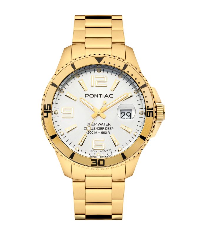 Pontiac - Deep Water - Homme - Bracelet Or Jaune - Cadran Blanc - Boitier Or Jaune